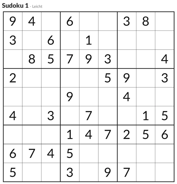 Sudoku, Schwierigkeit leicht: 9 mal 9 Felder, 39 Zahlen sind vorgegeben.
